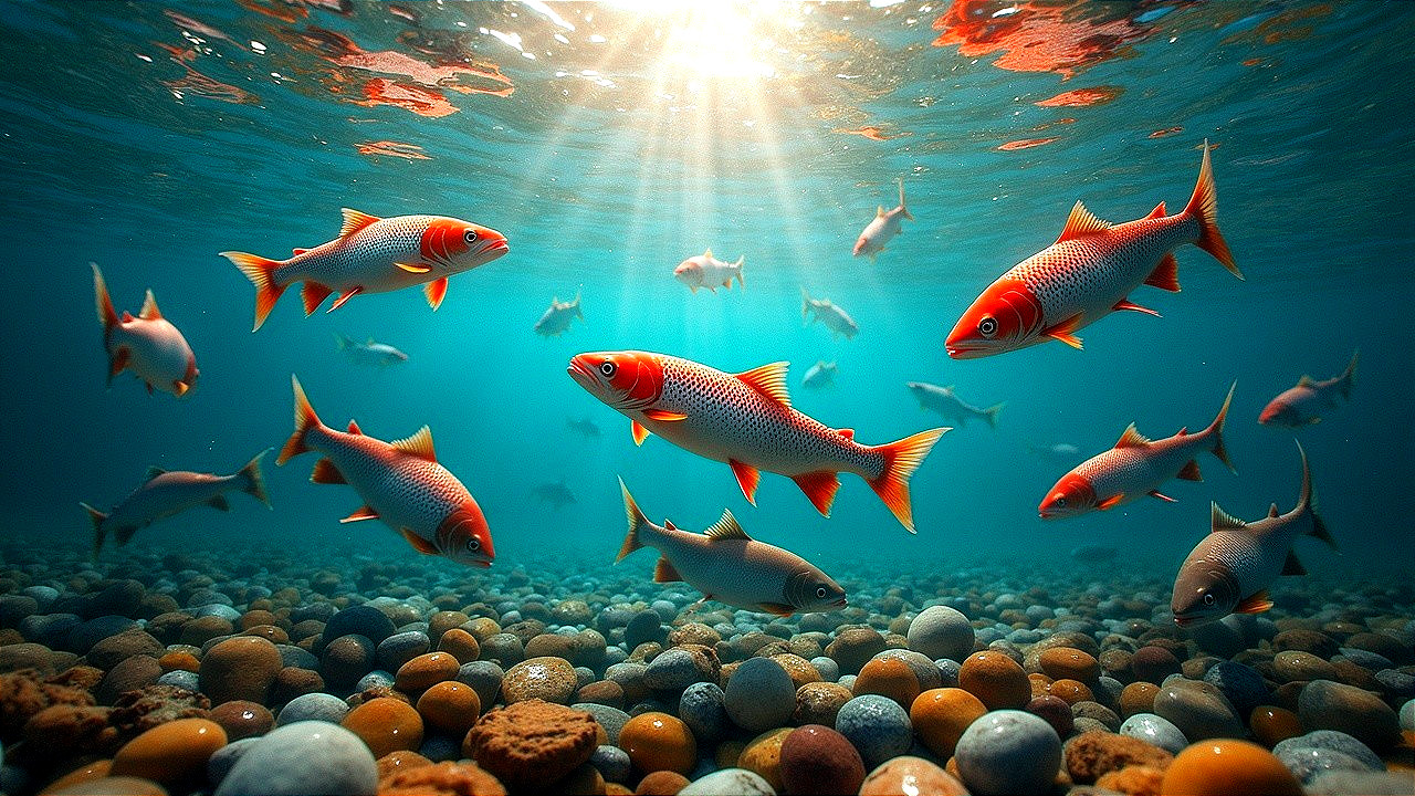 Vibrant Underwater Scene with Colorful Fish and Pebbles