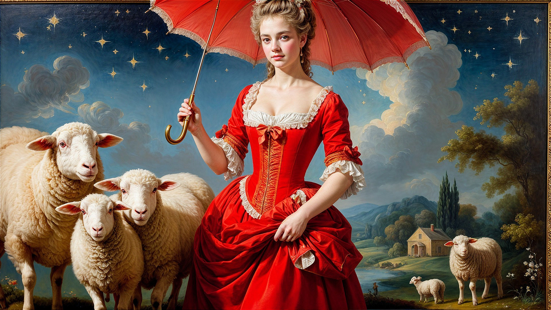 Young Woman in Red Dress with Sheep and Scenic Hills