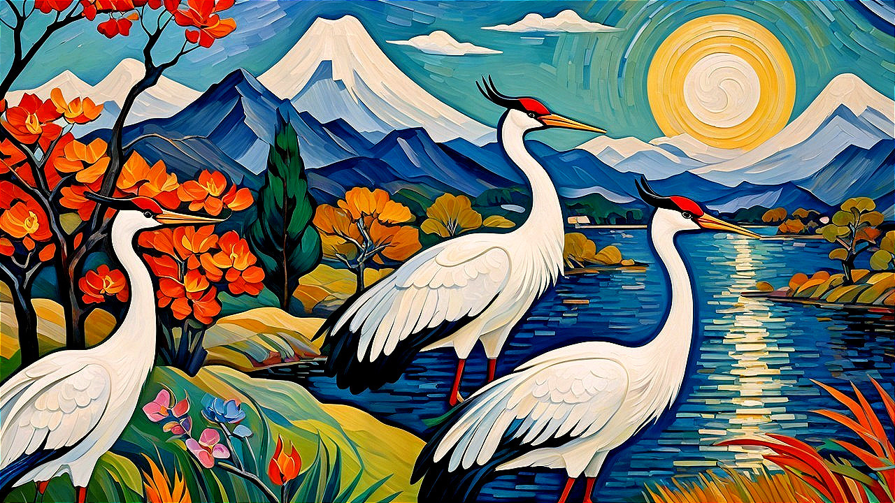 Serene Landscape with Cranes and Autumn Foliage