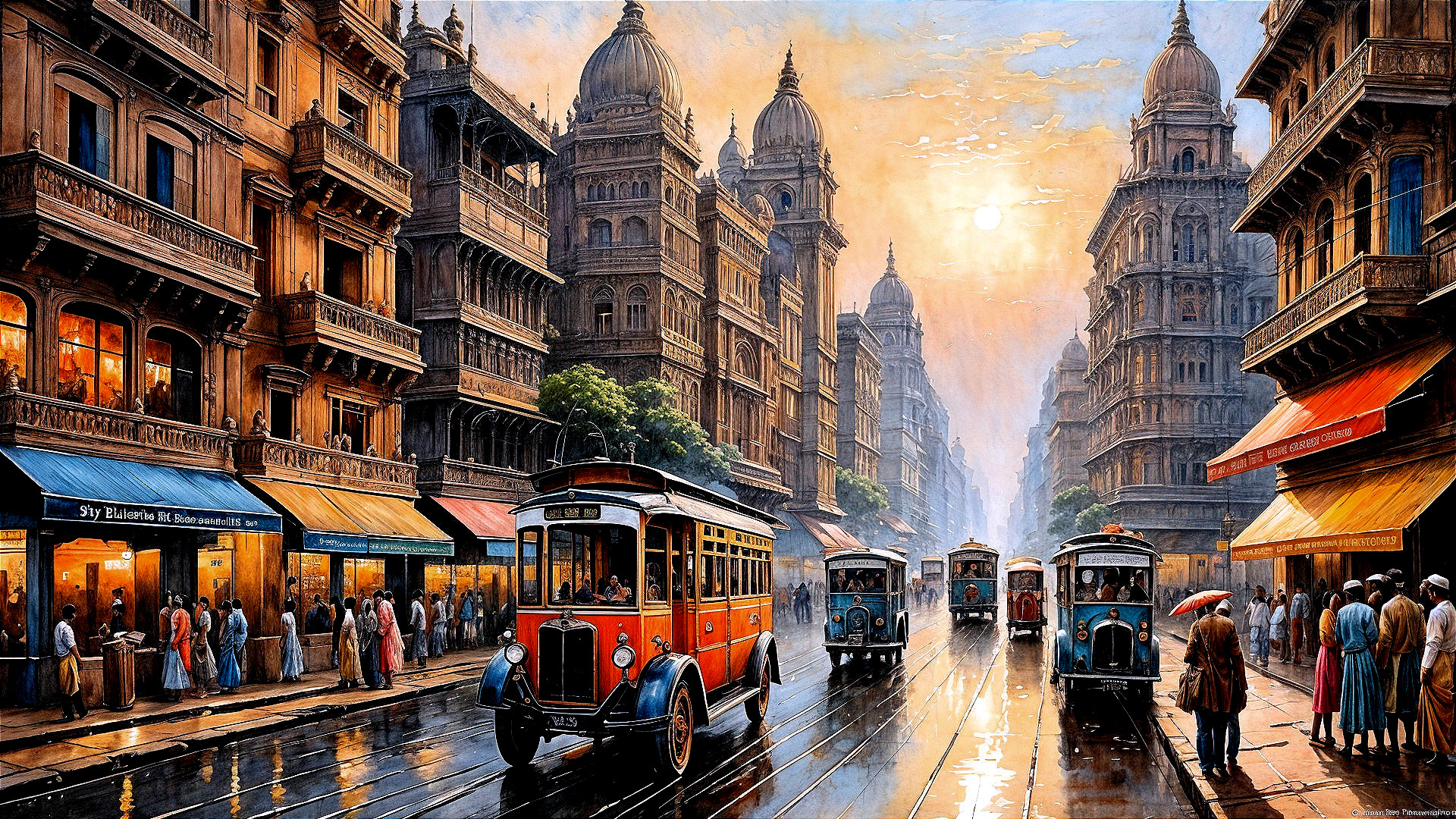 Bustling city street with vintage trams and architecture