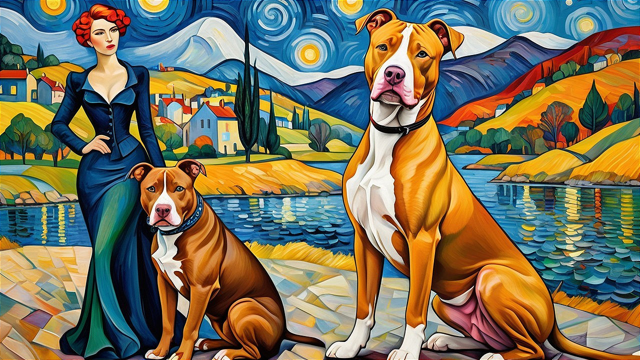 Colorful Painting of Woman with Dogs in Scenic Landscape
