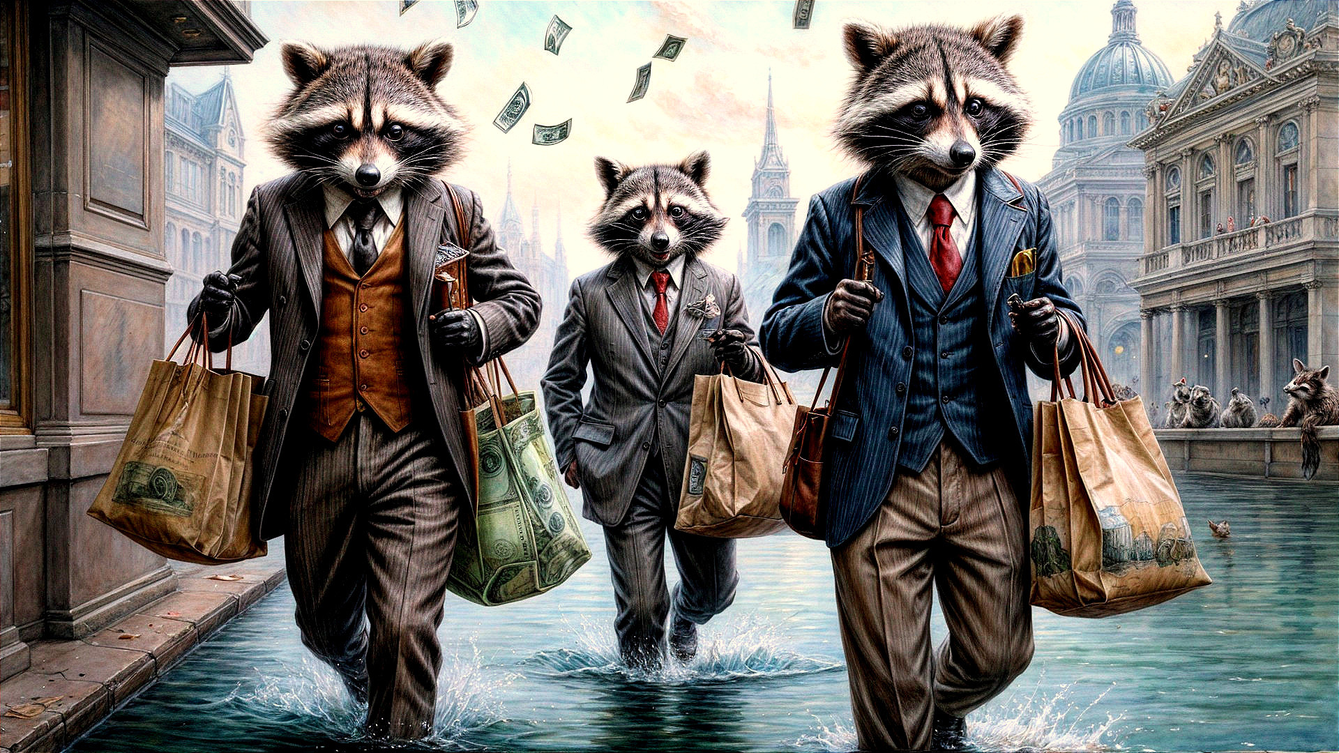 Raccoons in Suits Carry Shopping Bags in City Scene