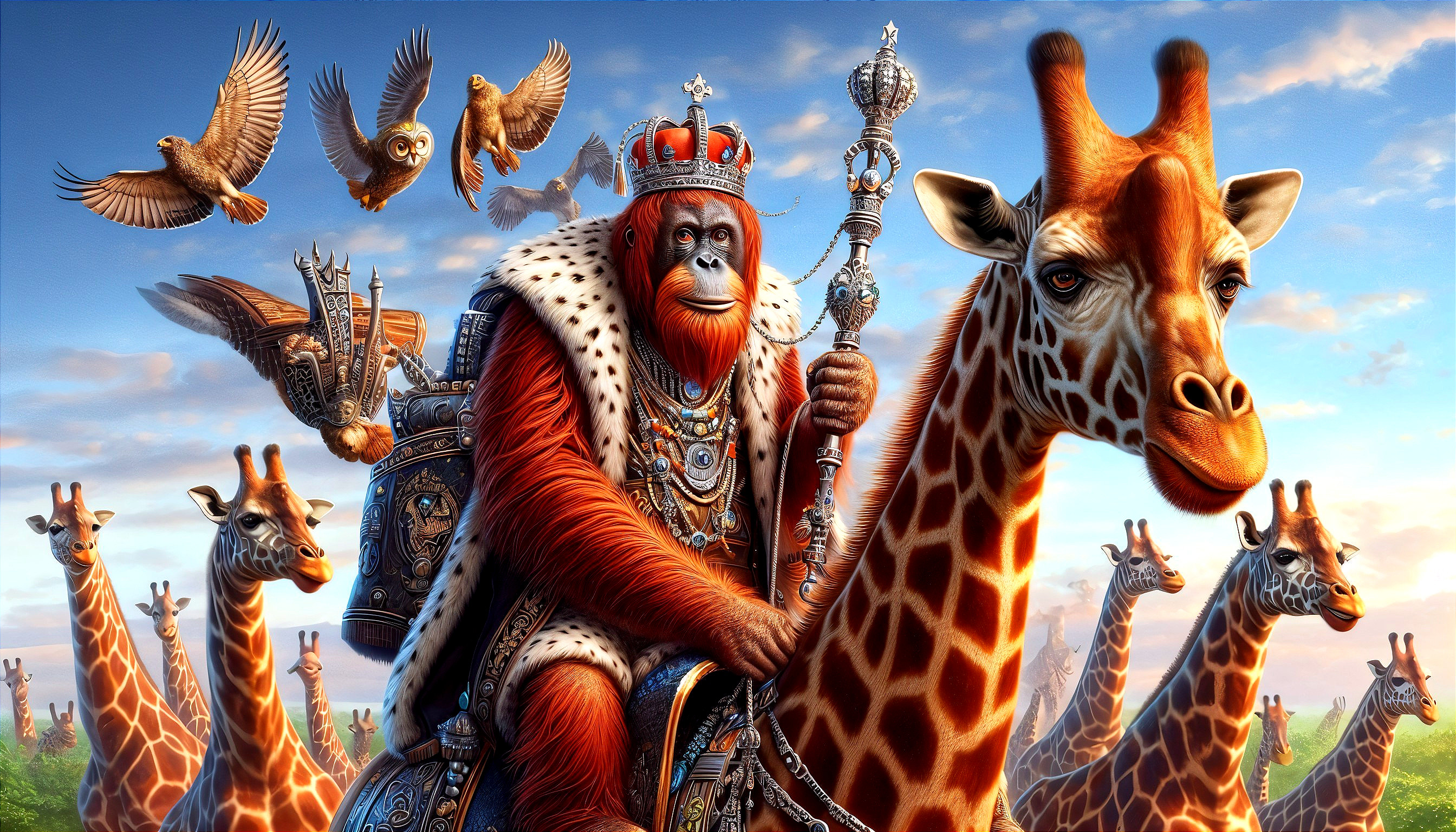 Orangutan in Royal Attire atop Giraffe in Vibrant Scene