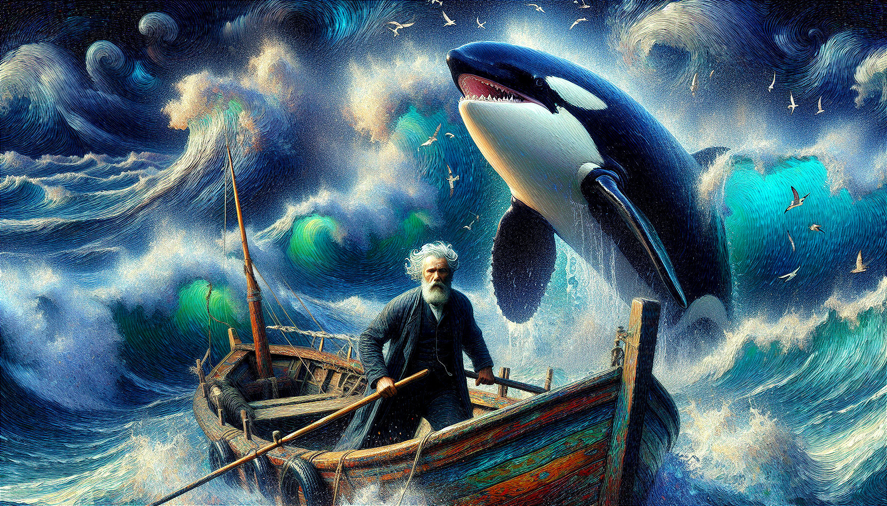 Elderly Man in Boat Faces Orca and Towering Waves