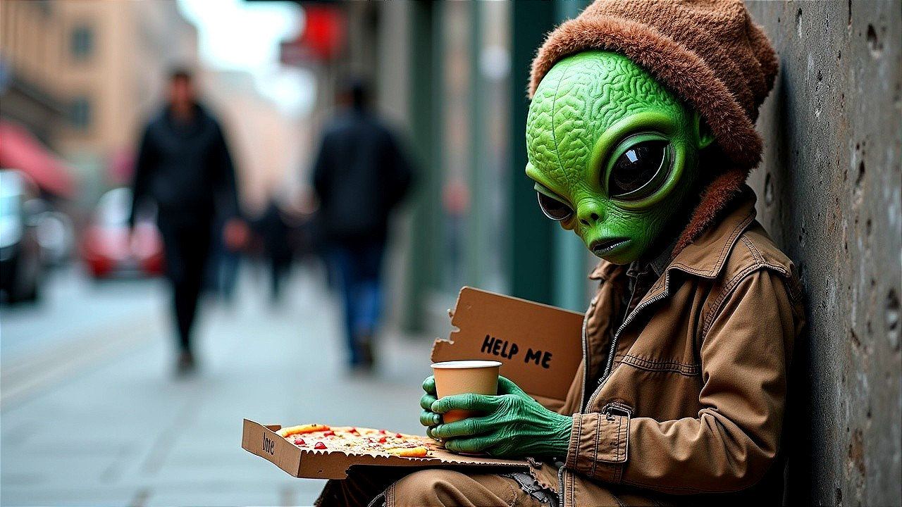 Alien on Sidewalk with Pizza Box and Coffee Cup