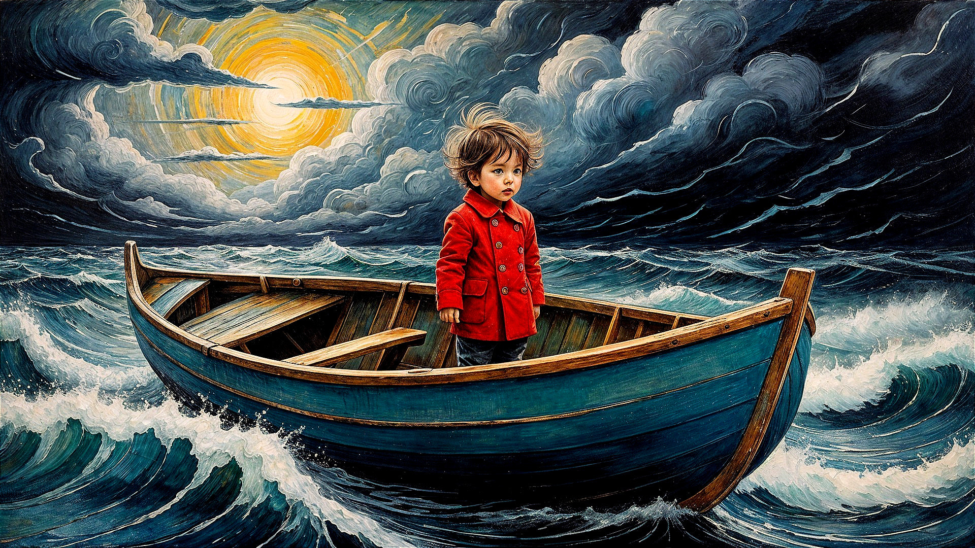Child in a boat amidst turbulent waves and clouds