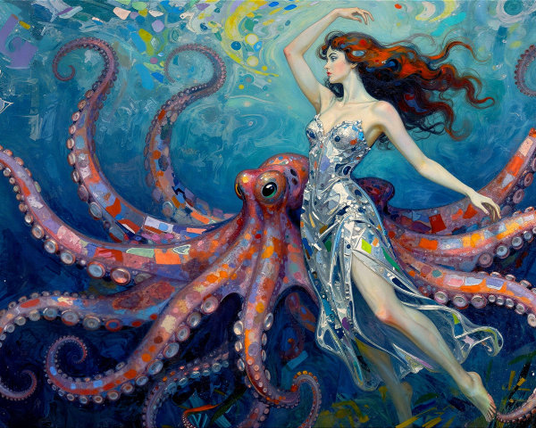 Underwater Portrait of Woman with Octopus and Vibrant Colors