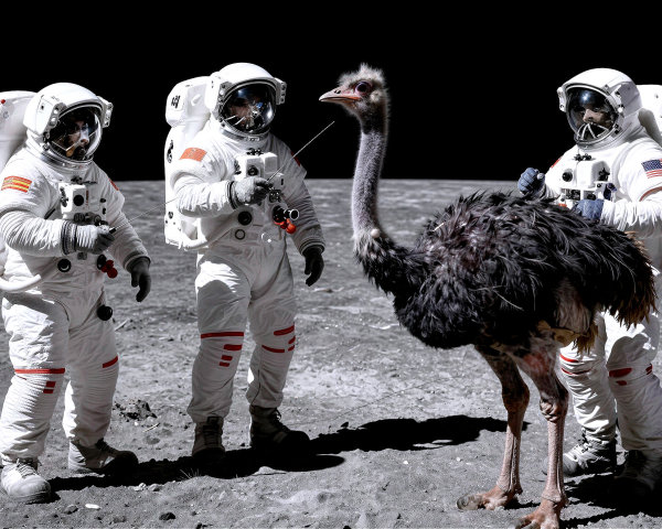 Astronauts and Ostrich on Moon-like Surface at Night