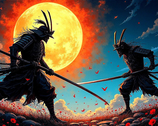Samurai Warriors in Twilight Amidst Red Poppies