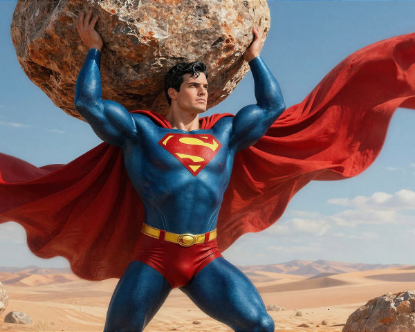 Superman in Blue Suit Holding Boulder in Desert Landscape