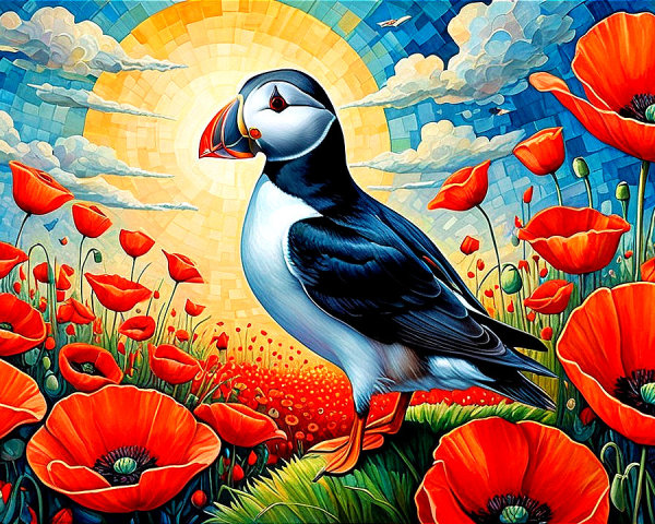 Puffin in a Field of Red Poppies at Sunrise
