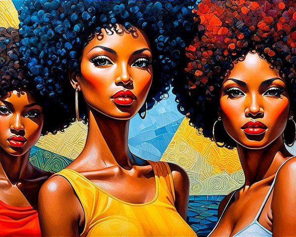 Three Confident Women with Vibrant Outfits and Afros