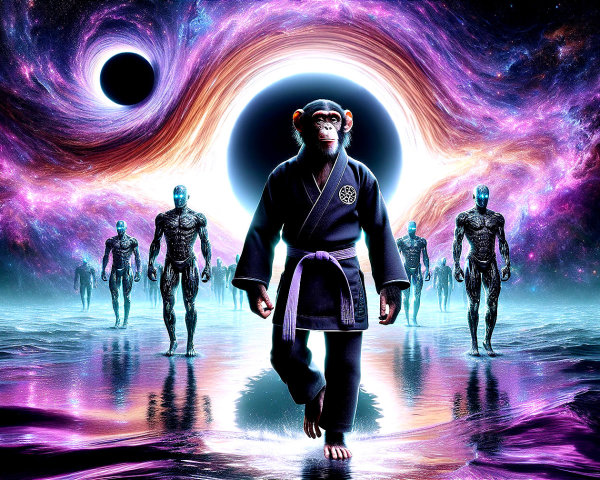 Humanoid Chimpanzee in Cosmic Landscape with Robots