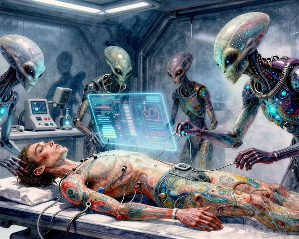 Alien Abduction Scene in Futuristic Laboratory Setting