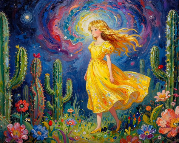 Anime Girl in Yellow Dress in Magical Desert Night