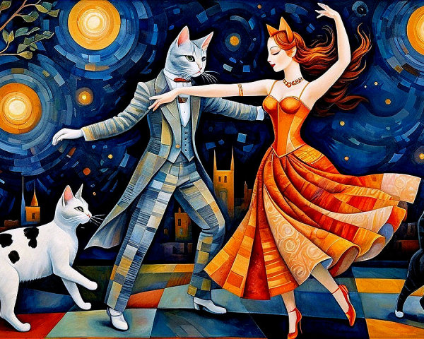 Dancing Couple with Cat Heads Under Starry Night
