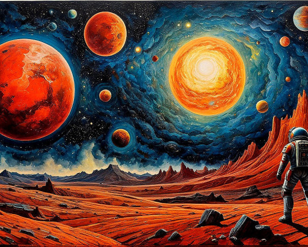 Vibrant Cosmic Landscape with Astronaut on Red Planet