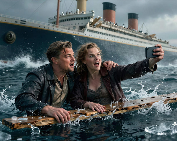 Blonde Woman and Man in Ocean with Ship Debris