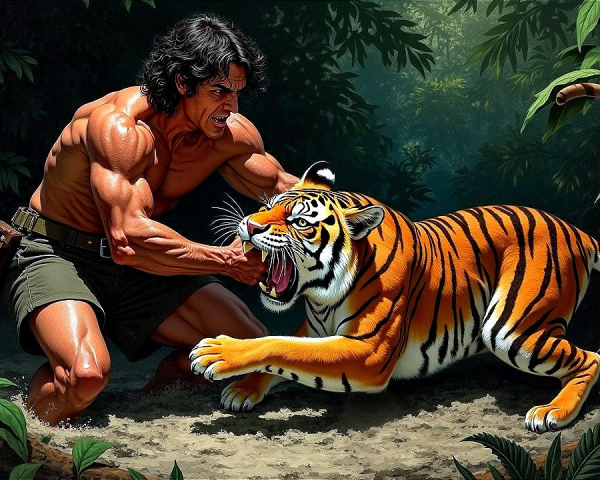 Muscular Man Confronts Tiger in Dense Jungle Setting