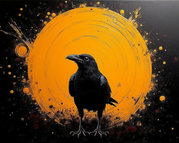 Black Crow on Vibrant Orange Circular Background