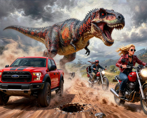 T-Rex Encounter with Motorcyclists and Pickup Truck