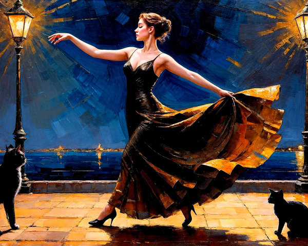 Woman in black and gold gown dances by waterfront