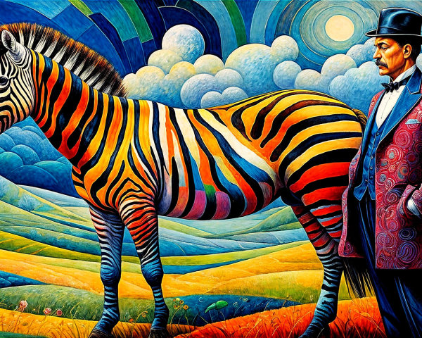 Surreal Landscape with Man and Colorful Zebra