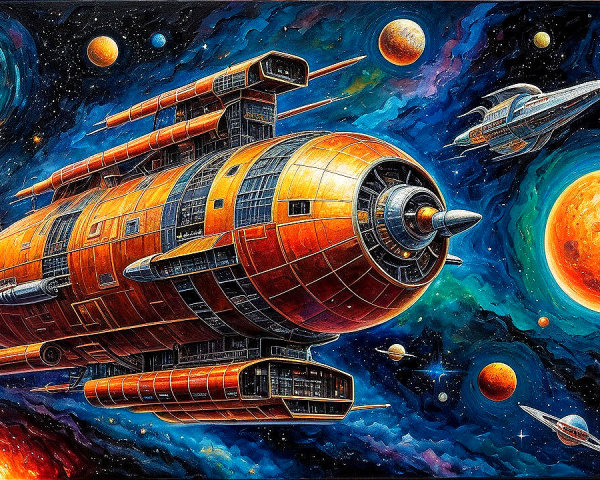 Vivid Cosmic Scene with Retro-Futuristic Spaceship