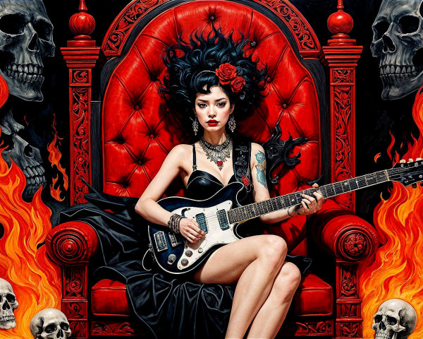 Confident Woman on Red Throne with Electric Guitar