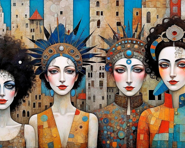 Women in Colorful Attire Against Cityscape Background