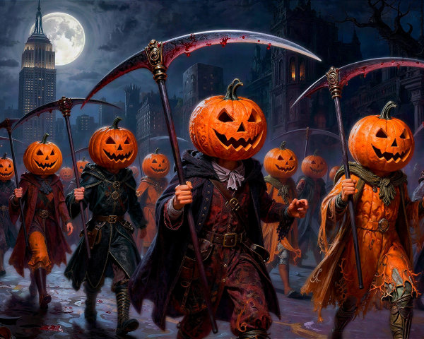 Halloween Night Scene with Pumpkin-Headed Figures