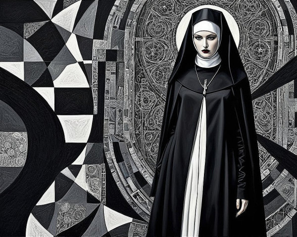 Nun in Traditional Attire Against Abstract Background
