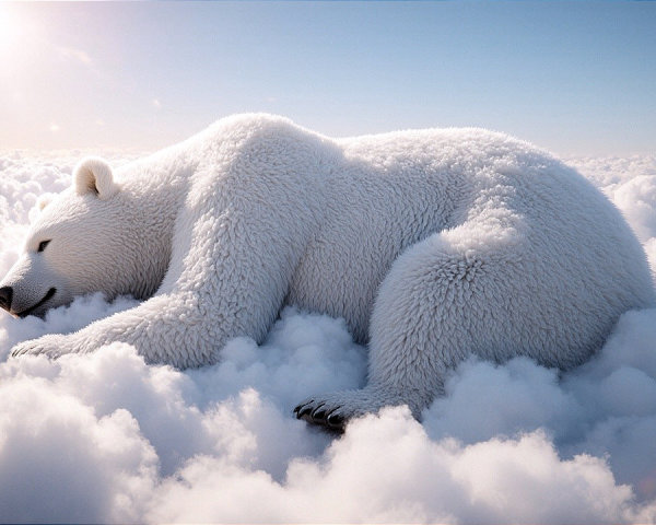Polar bear resting on a cloud in a serene scene