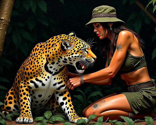 Woman in Tactical Attire with Leopard in Jungle Setting