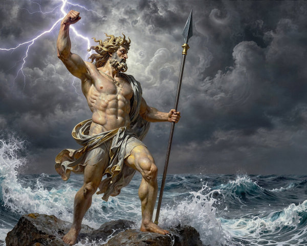 Digital Painting of Poseidon Amidst Turbulent Ocean