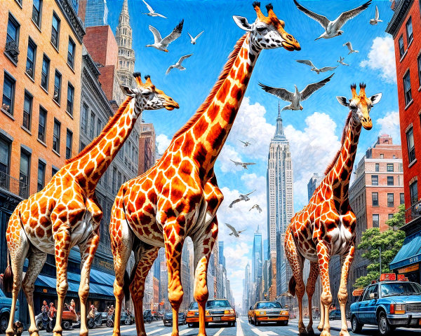 Giraffes Walking in a Busy Urban Street Scene