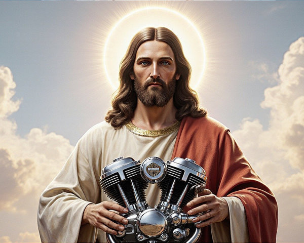 Biblical Figure with Motorcycle Engines Against Clouds
