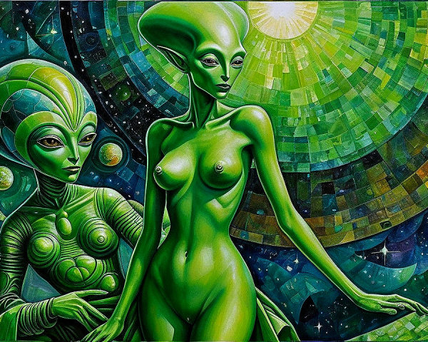 Humanoid Aliens in Cosmic Background Artwork