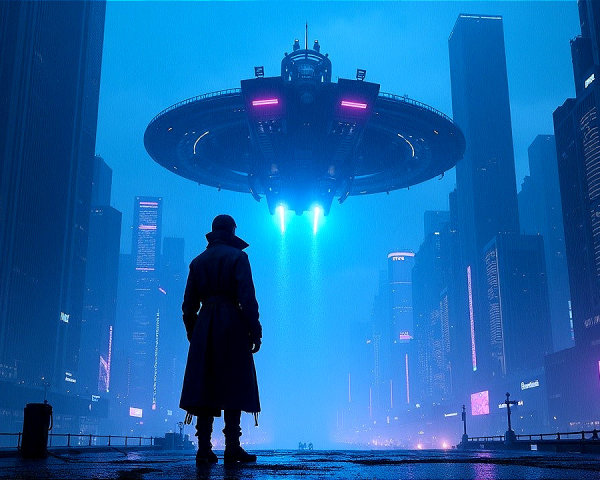 Mysterious Figure in Neon-Lit Futuristic Cityscape