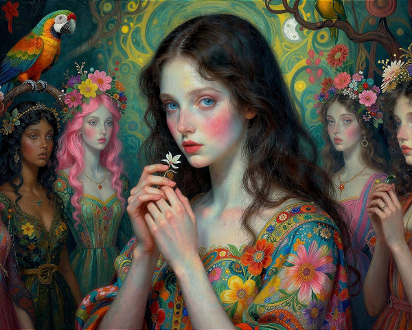 Women in Ornate Forest with Floral Attire and Crowns