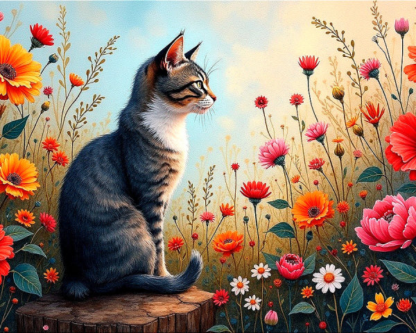 Tabby Cat on Stump Surrounded by Vibrant Wildflowers