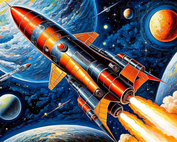 Vibrant Rocket in Colorful Space Scene with Galaxies