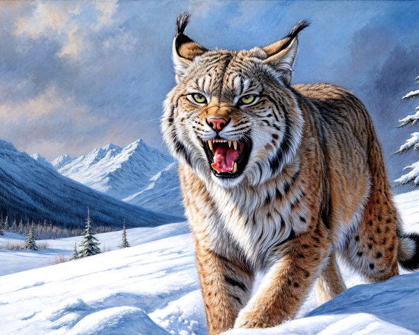 Lynx in Snowy Landscape with Mountains and Trees