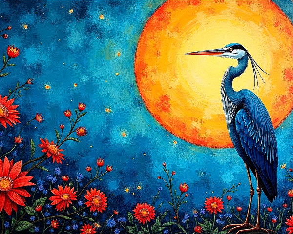Heron Among Colorful Flowers Under a Golden Sun