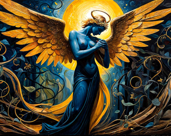 Ethereal Figure with Golden Wings and Floral Patterns