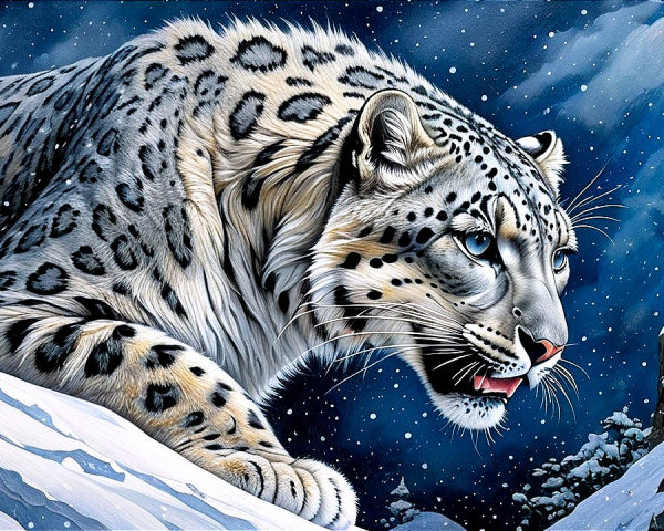 Snow Leopard in Serene Winter Landscape at Twilight