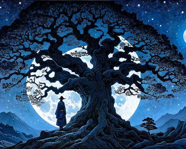 Mystical Landscape Under Starry Night with Ancient Tree