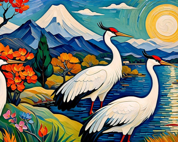 Serene Landscape with Cranes and Autumn Foliage