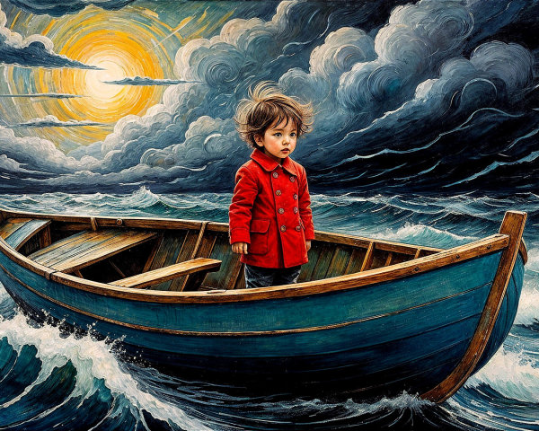 Child in a boat amidst turbulent waves and clouds