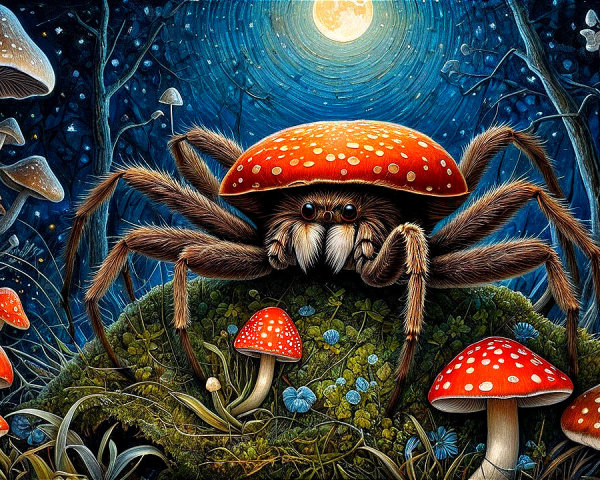 Whimsical Forest Scene with Giant Spider and Mushrooms